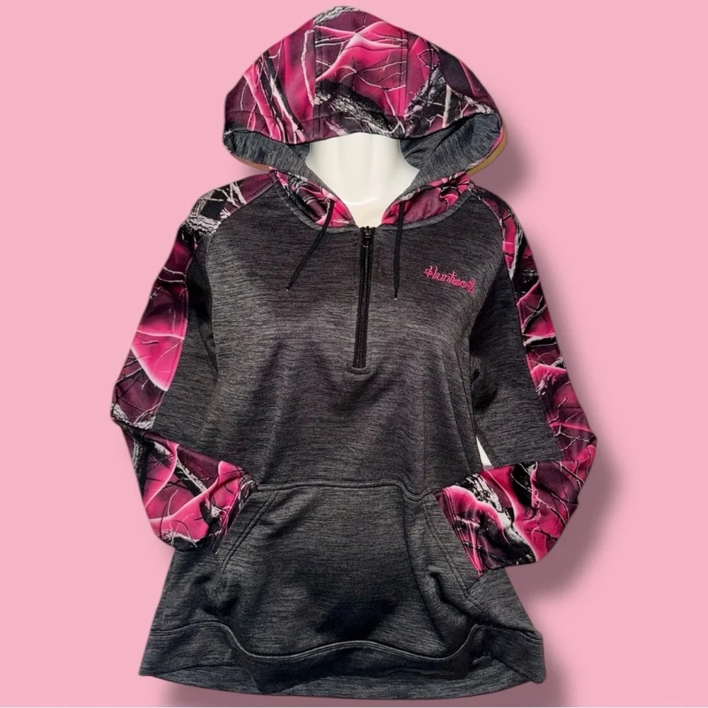 Huntworth Hoodie Pink Gray Camo Fleece Lined 1/2 Zip Pullover Women's XL - Picture 14 of 16